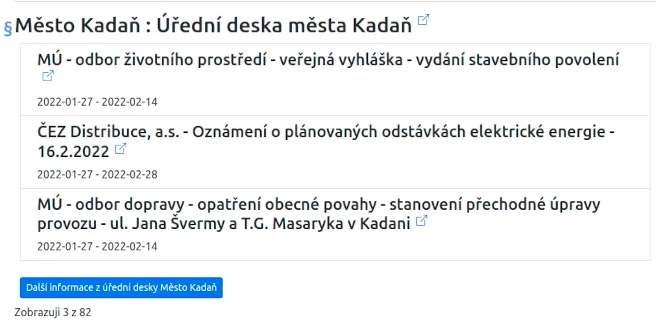 Ukázka z aplikace na počítači - úřední deska města Kadaň