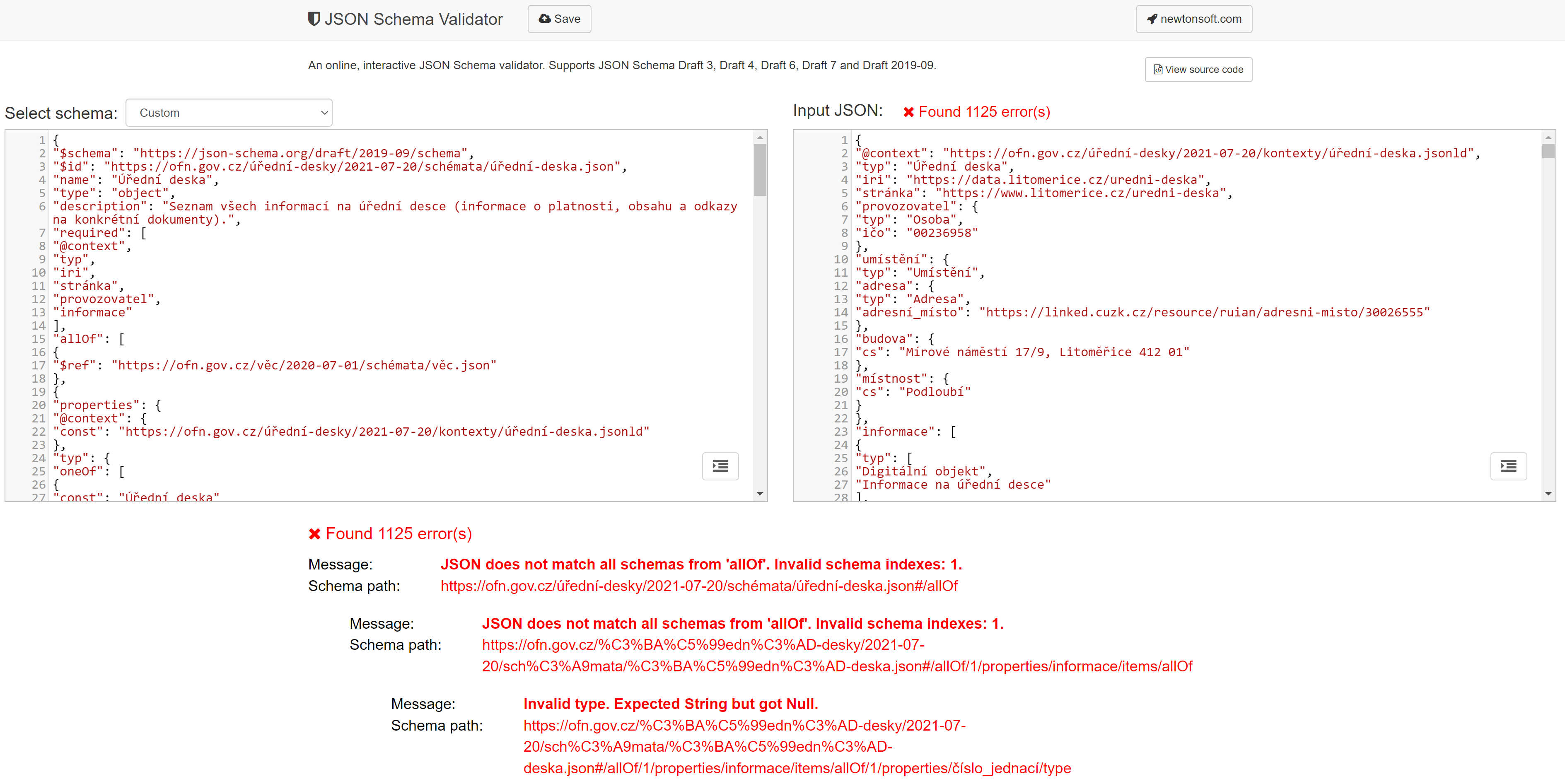 Příklad validace pomocí JSON Validator 